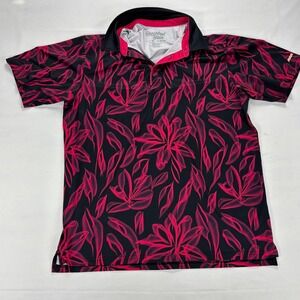 Breakfast Balls Mens Golf Polo Shirt Black Pink Floral Print Short Sleeve Size L
